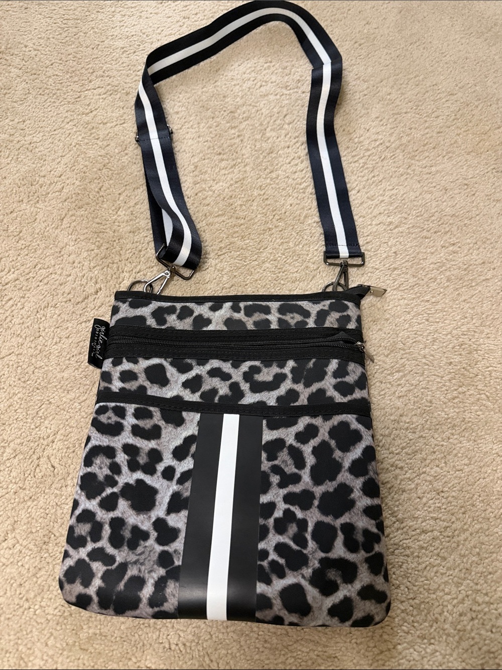 Gray Leopard Crossbody Bag with Striped Accent